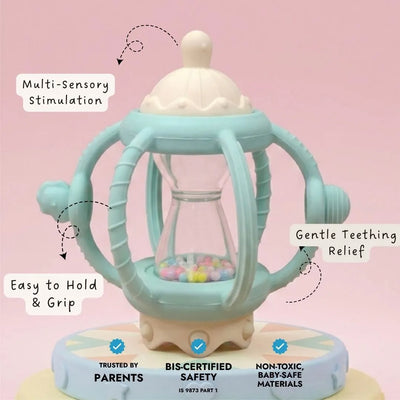 3-in-1 Grip & Rattle Teether in teal, with labels for easy grip and multi-sensory play