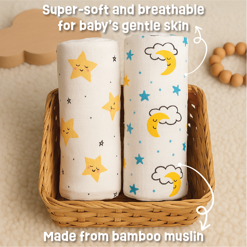 Buy Newborn Gift set - Premium Bamboo Muslin Swaddles (Pack of 2) - Dreamy Night collection Online - Lillbud 