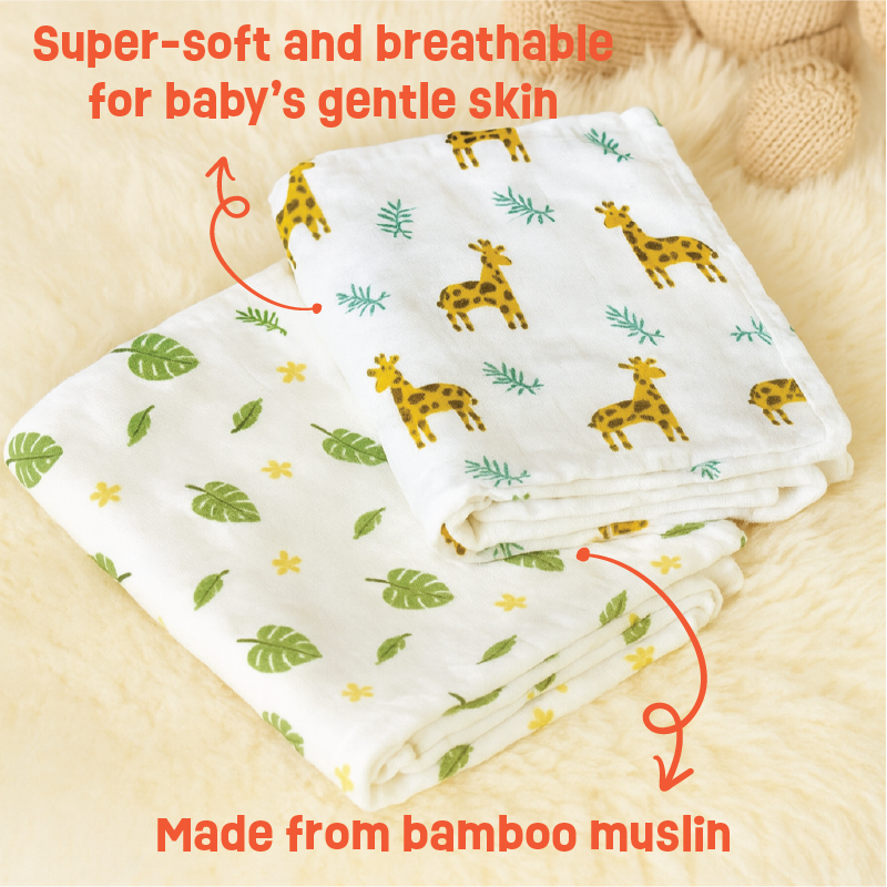 Buy Newborn gift set - Premium Bamboo Muslin Swaddles (Pack of 2) - Jungle collection Online - Lillbud 