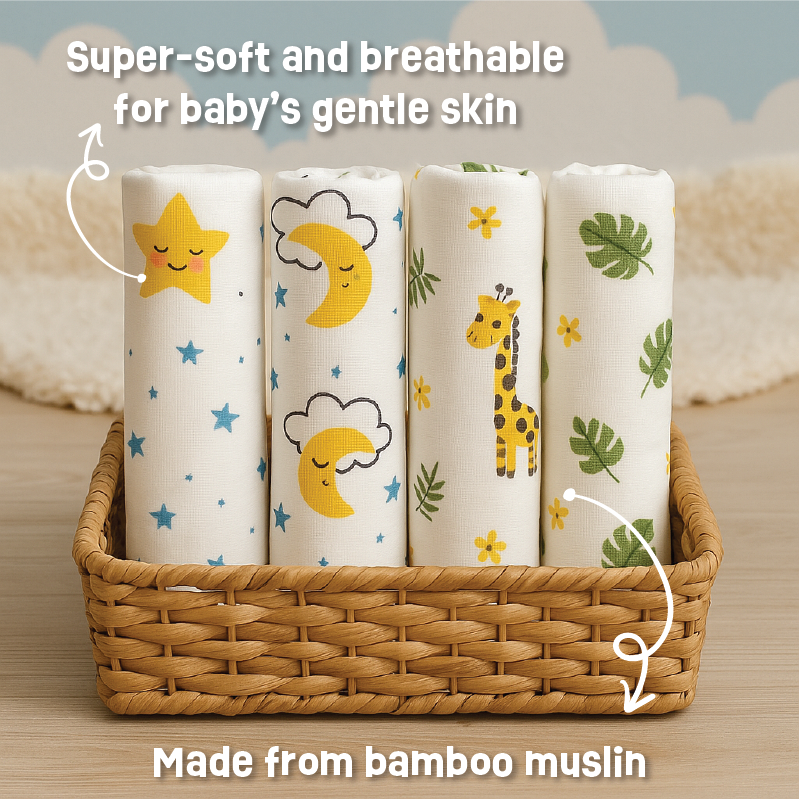 Buy Premium Bamboo Muslin Swaddle Set (Pack of 4) Online - Lillbud 