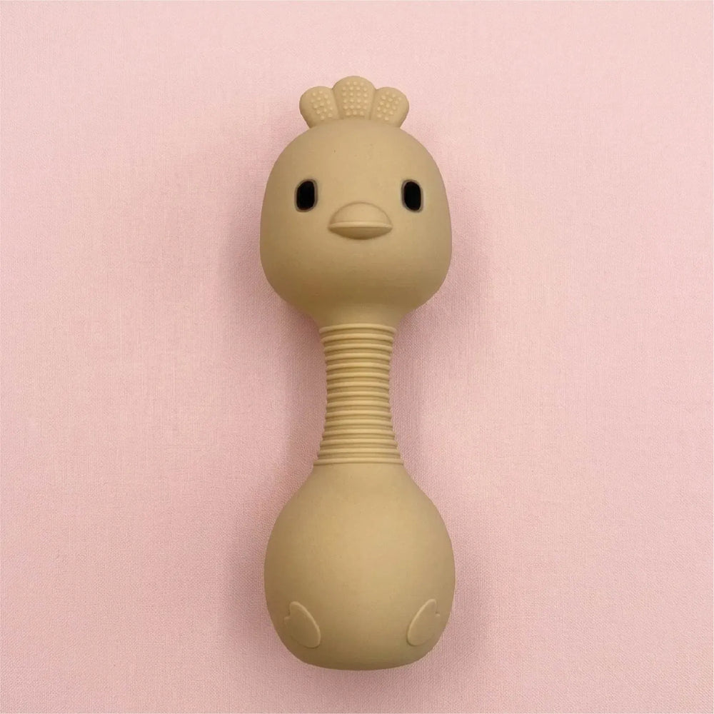 Animal Teething Rattle - Bird - Beige, silicone bird rattle with a ribbed neck