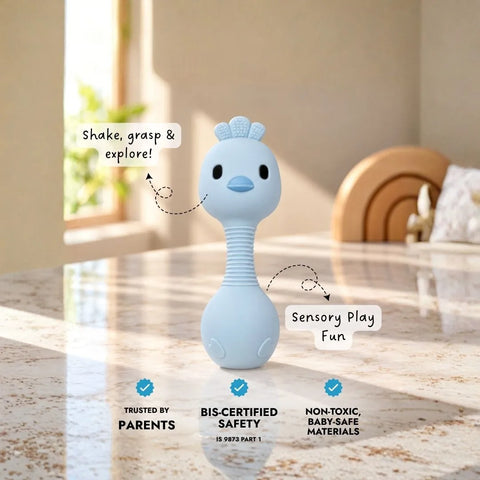 Animal Teething Rattle - Bird - Blue