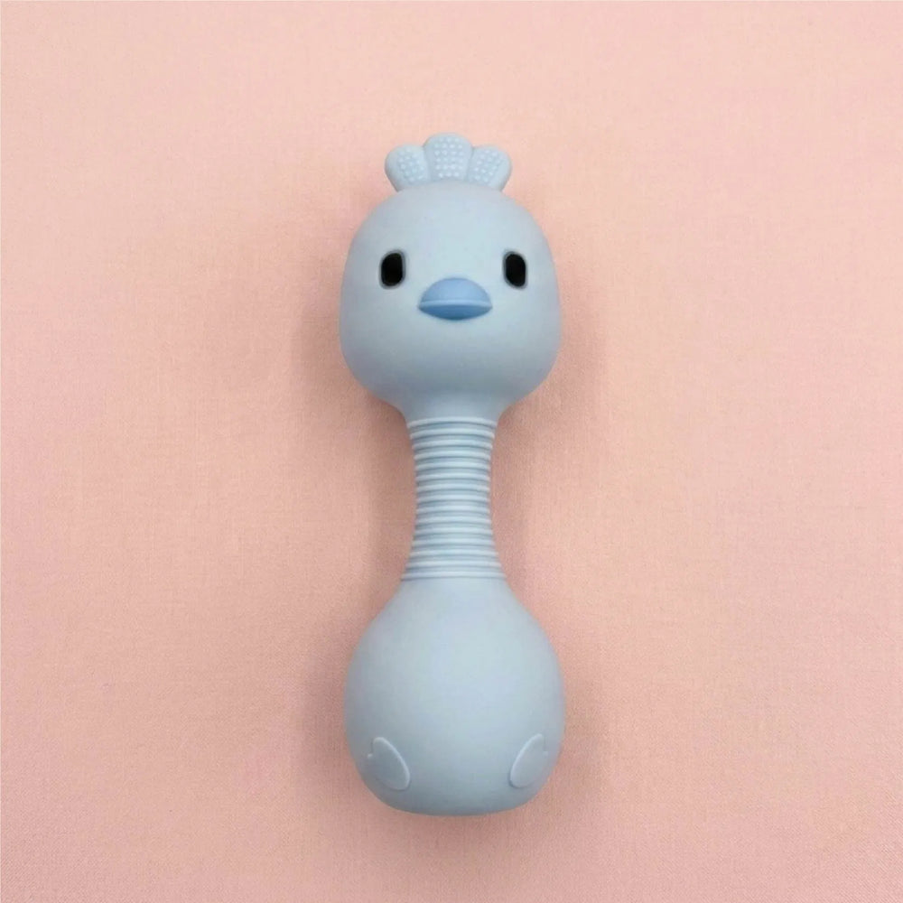 Animal Teething Rattle - Bird - Blue, silicone bird rattle with a ribbed neck