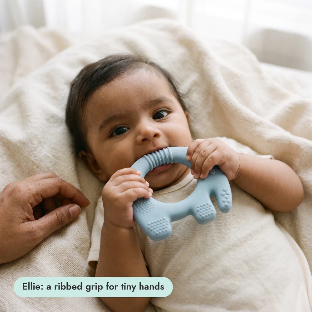 Baby with the Ellie Grip Teether from the Big Bite Set
