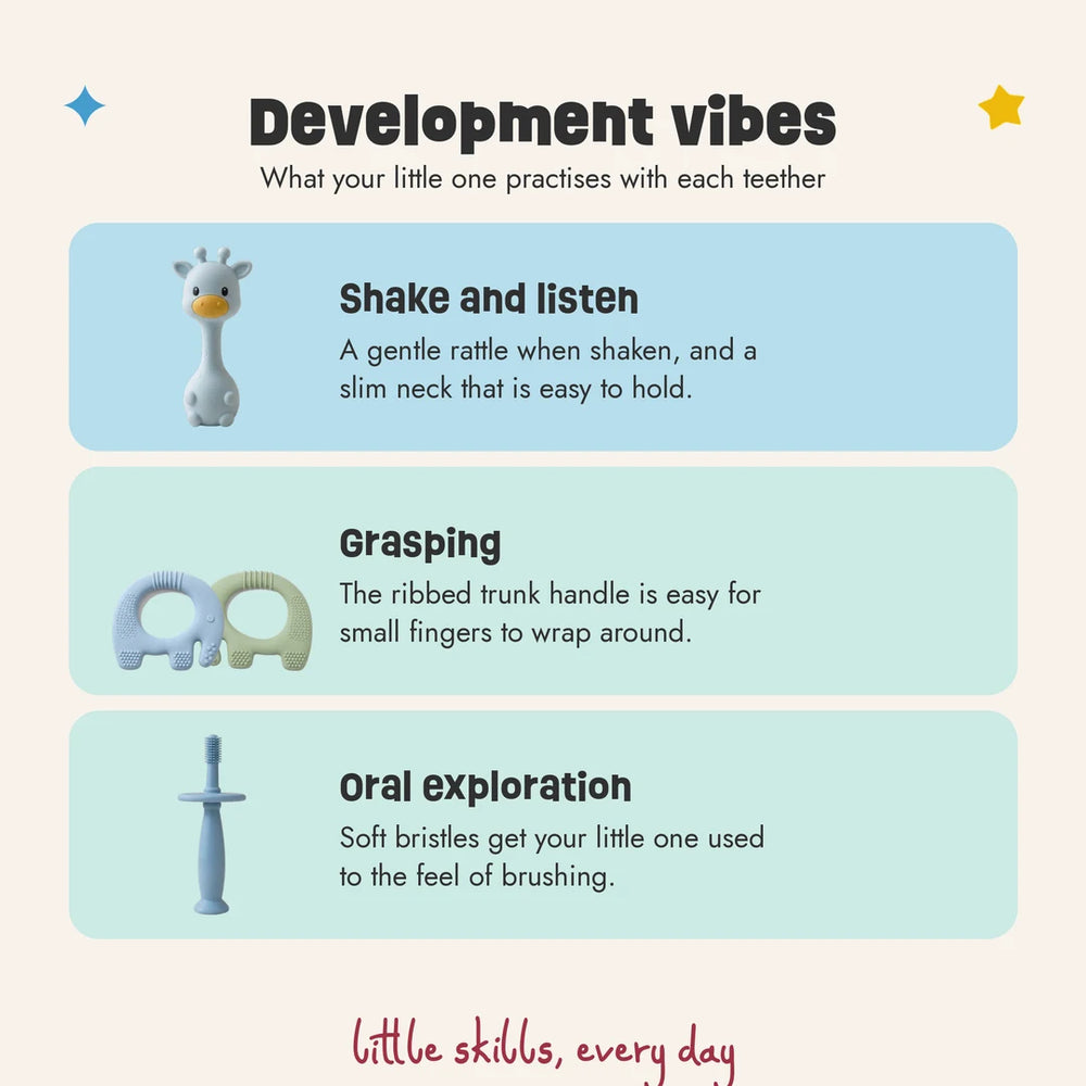 What babies practise with the Big Bite Set teethers