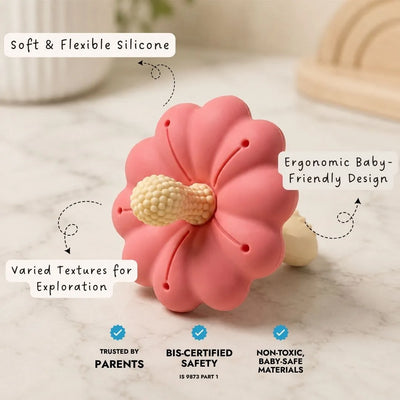 Bloom Teether - Pink, silicone flower teether with a bumpy berry top