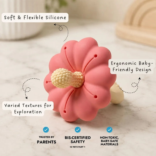 Bloom Teether - Pink, silicone flower teether with a bumpy berry top