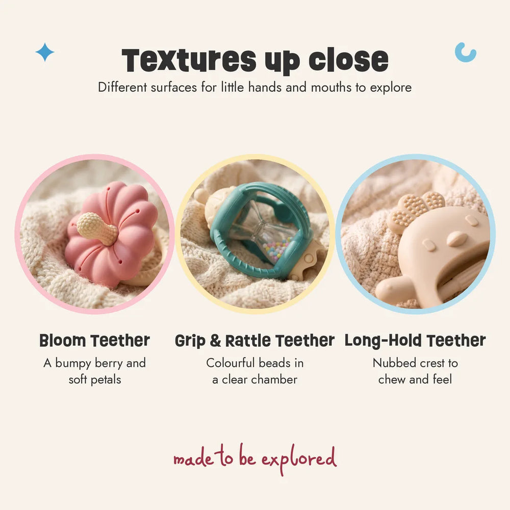 Close-ups of the Complete Teething Gift Box textures