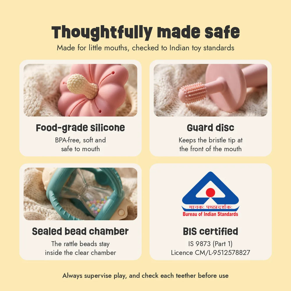 Complete Teething Gift Box safety: BIS certified, food-grade silicone