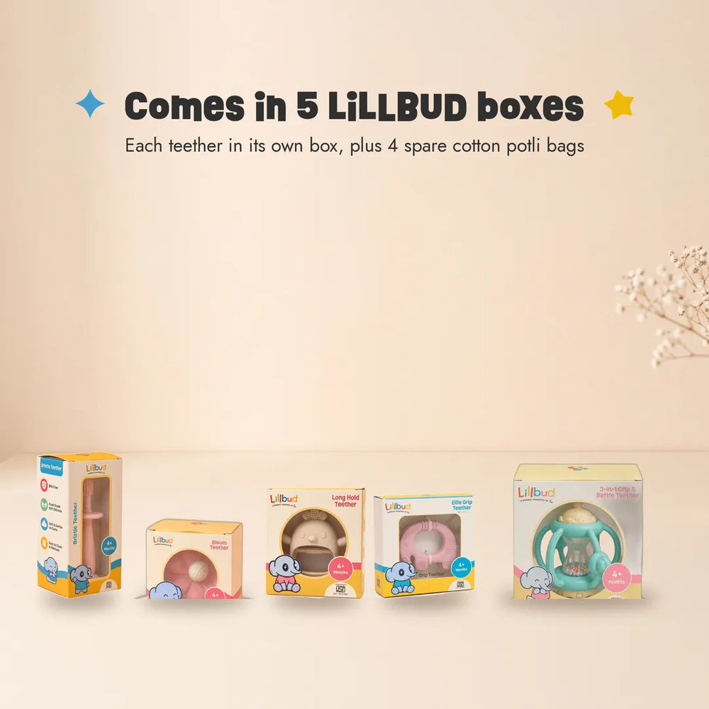 The LiLLBUD boxes in the Complete Teething Gift Box