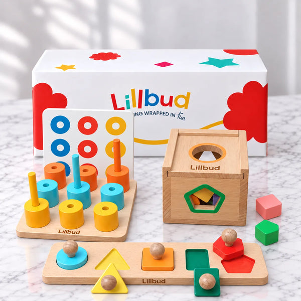 Montessori Gift Box toys: peg board, shape sorter and shape puzzle with the gift box