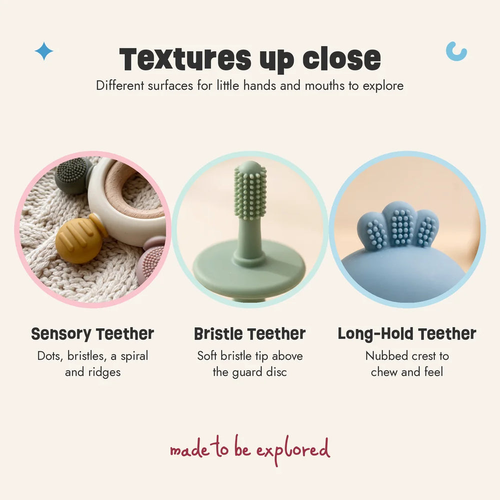 Close-ups of the Gentle Start Trio textures: Sensory Teether knobs, Bristle Teether tip and guard disc, Long-Hold Teether crest