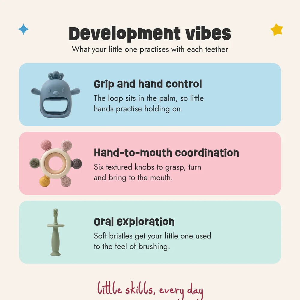 What babies practise with the Gentle Start Trio teethers