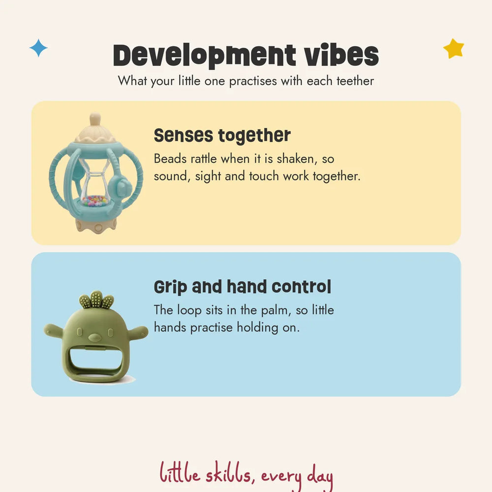 What babies practise with the Grip & Rattle Pair teethers