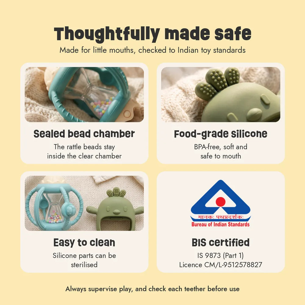 Grip & Rattle Pair safety: BIS certified, food-grade silicone