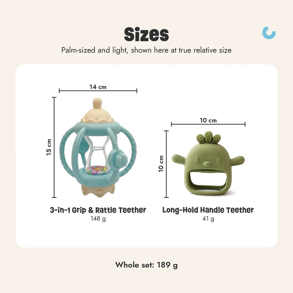 Grip & Rattle Pair sizes, shown at true relative size