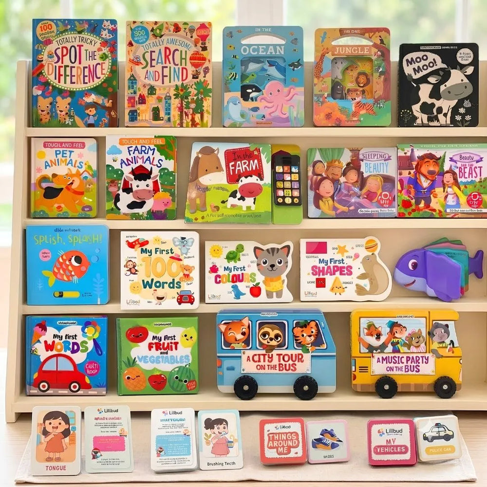 Grow-With-Me Library books and cards on a shelf