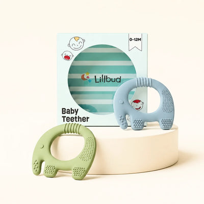Ellie Grip Teether set of 2 - Blue, Green, two elephant-shaped silicone teethers