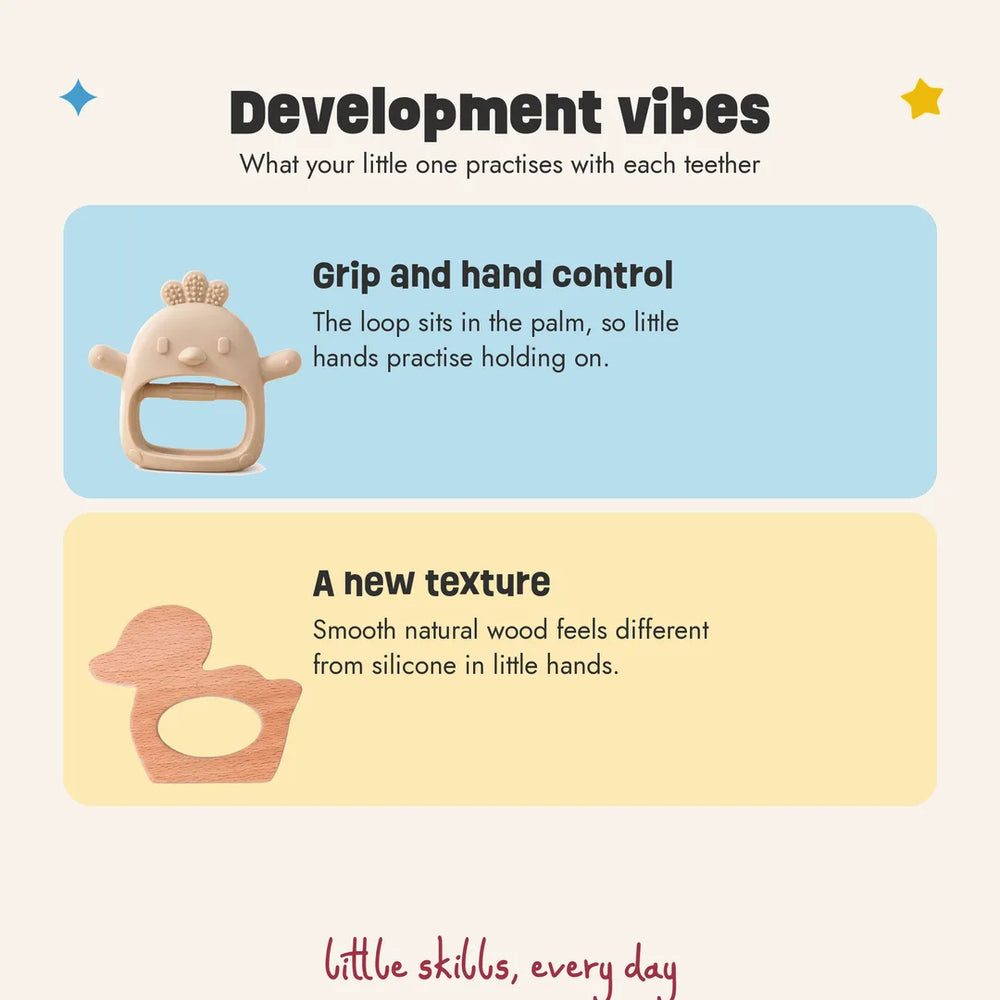 What babies practise with the Long-Hold Twin Pack + Wooden teethers