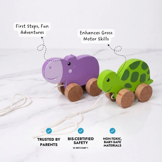 Jungle walkers - Pull Along Hippo & Tortoise Toys set for Toddlers - Teaches Empathy, Balance and Coordination