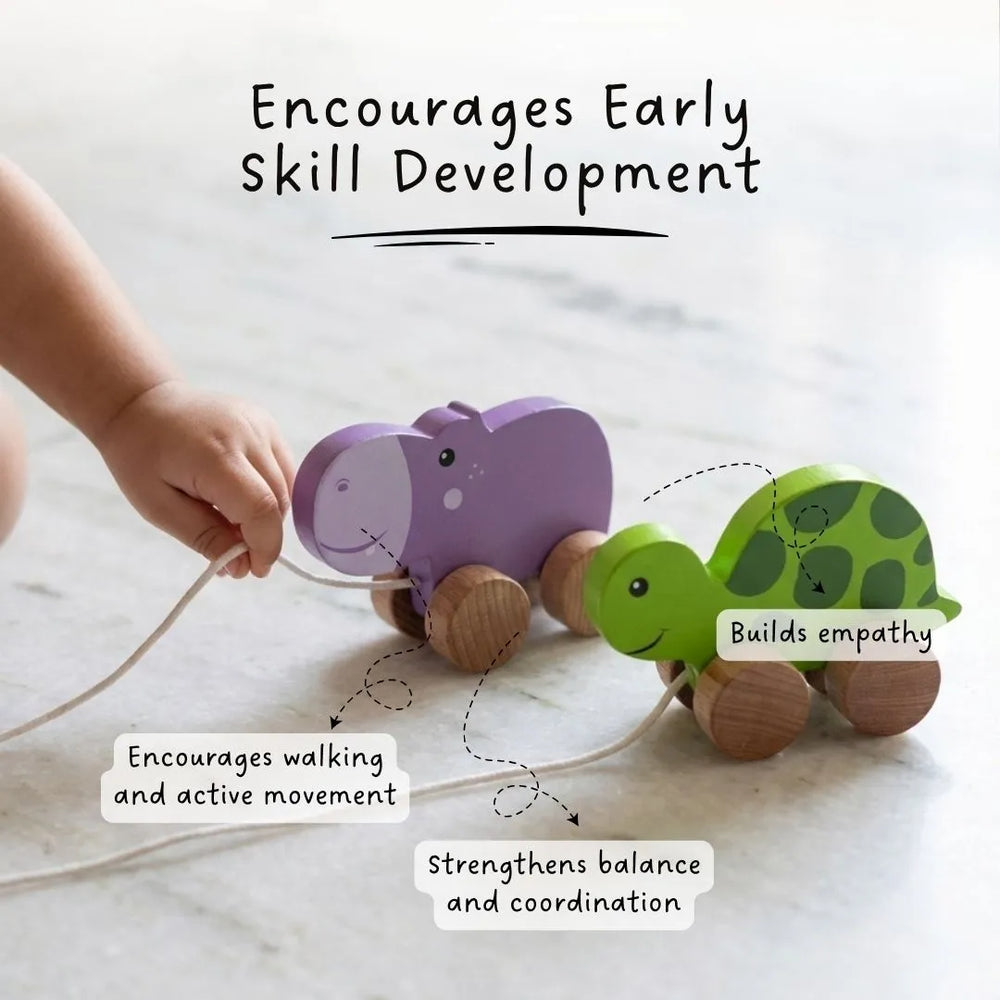Jungle walkers - Pull Along Hippo & Tortoise Toys set for Toddlers - Teaches Empathy, Balance and Coordination