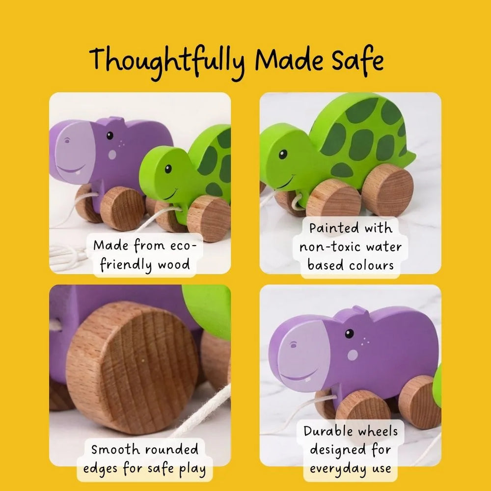 Jungle walkers - Pull Along Hippo & Tortoise Toys set for Toddlers - Teaches Empathy, Balance and Coordination