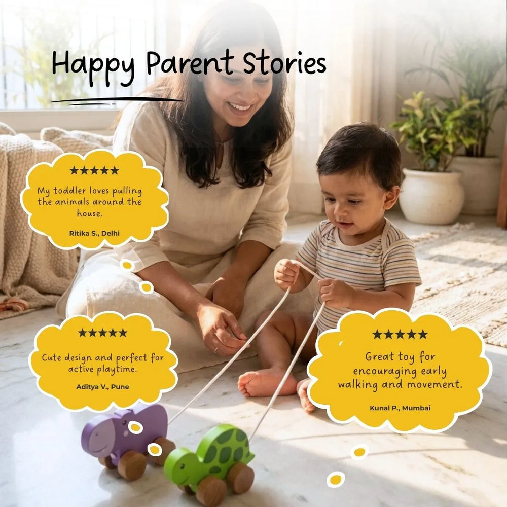 Jungle walkers - Pull Along Hippo & Tortoise Toys set for Toddlers - Teaches Empathy, Balance and Coordination