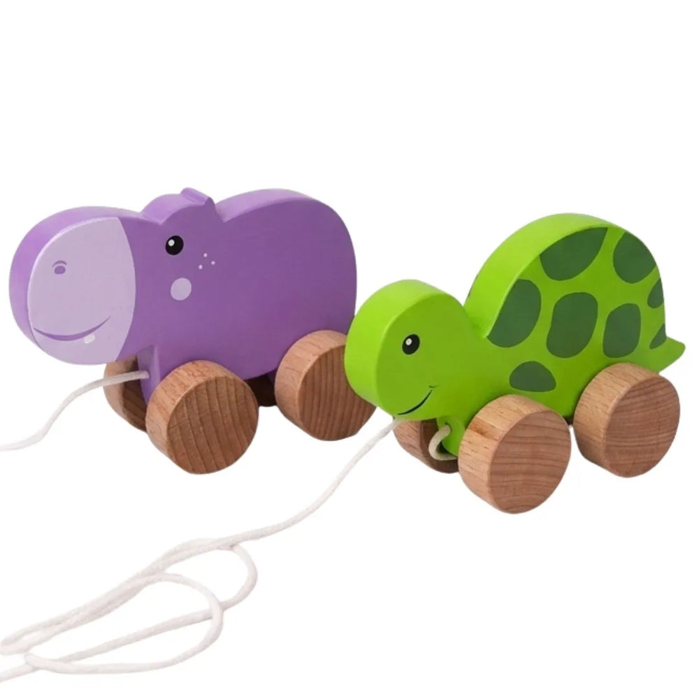 Jungle walkers - Pull Along Hippo & Tortoise Toys set for Toddlers - Teaches Empathy, Balance and Coordination