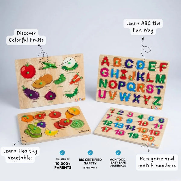 Puzzle Combo Set of 4 - Fruits, Veggies, ABC, 123