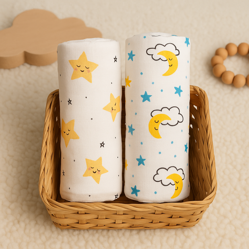 Buy Newborn Gift set - Premium Bamboo Muslin Swaddles (Pack of 2) - Dreamy Night collection Online - Lillbud 