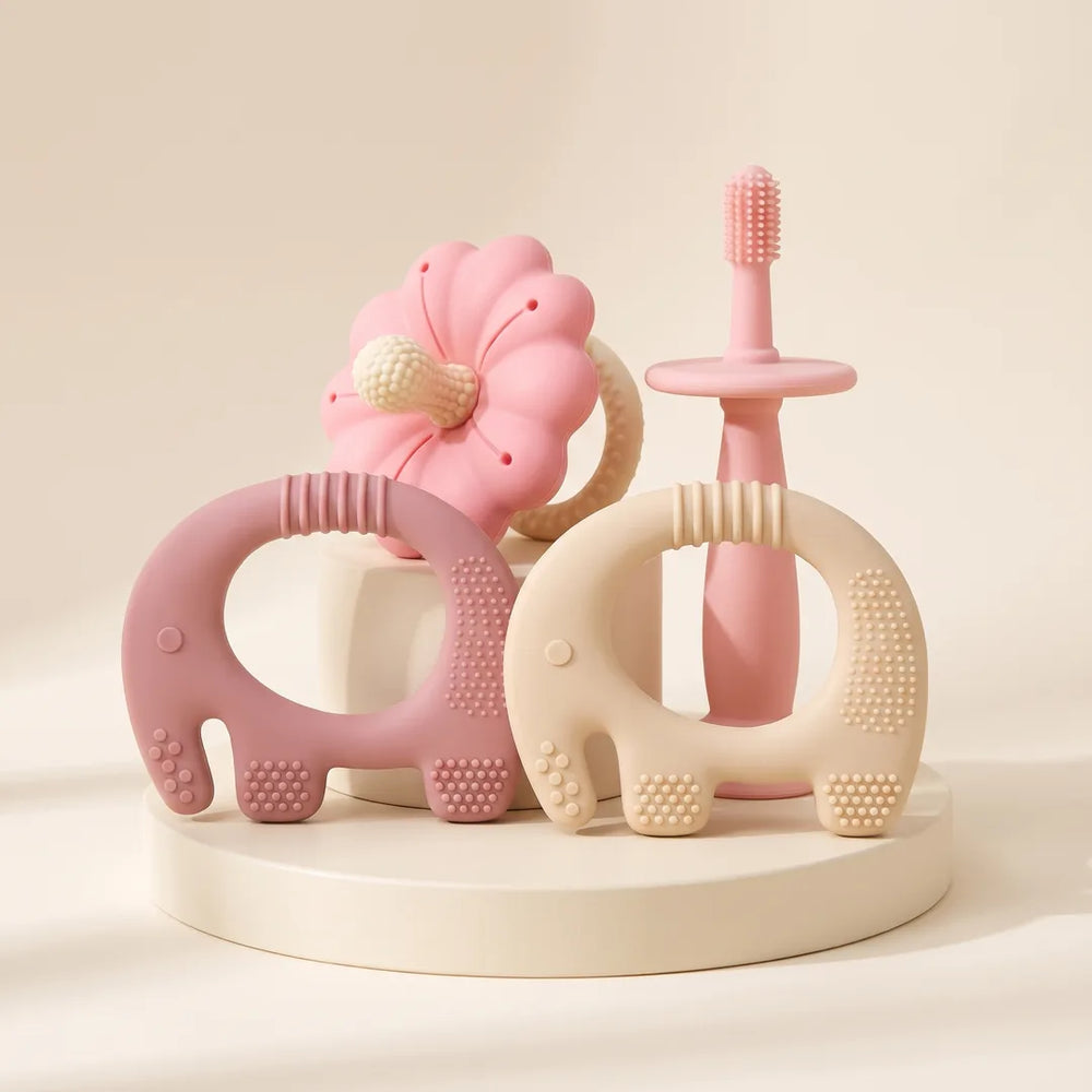 Texture Explorer Trio teethers together on a cream stand