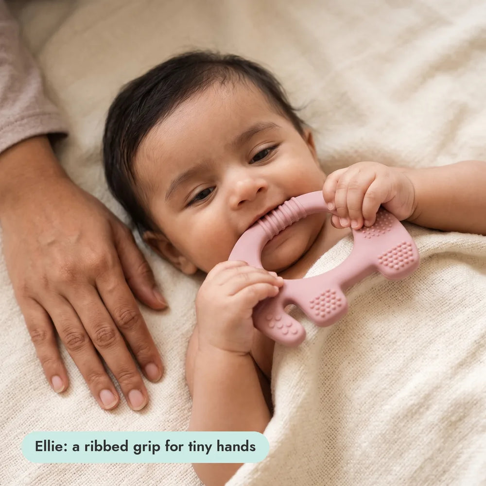 Baby with the Ellie Grip Teether from the Texture Explorer Trio