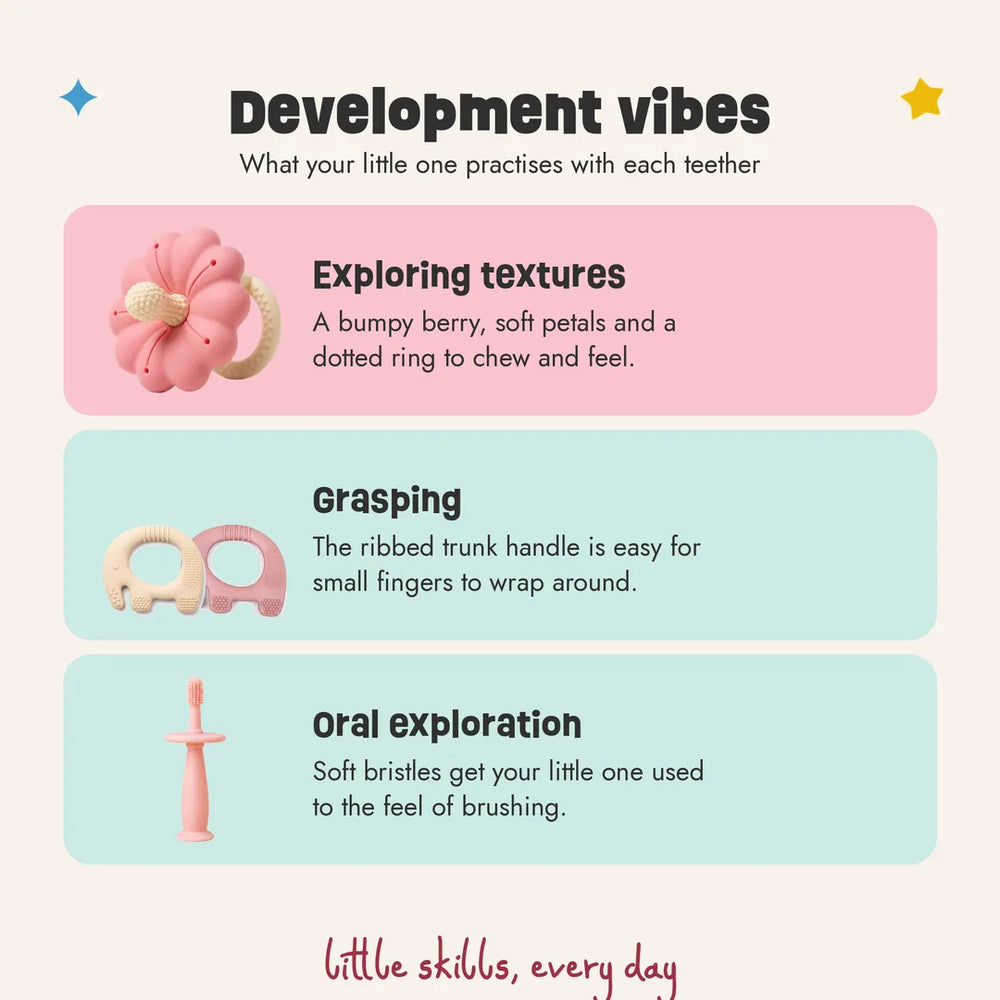 What babies practise with the Texture Explorer Trio teethers