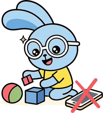 Cartoon rabbit playing with blocks next to a crossed-out screen